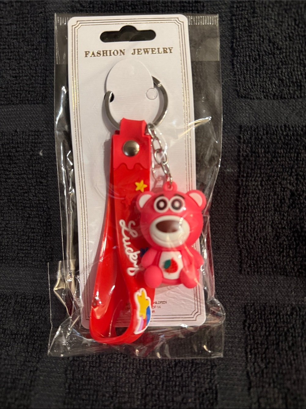 Fashion Jewelry Red Bear ( Lotso ) Keychain with Red Wrist Strap